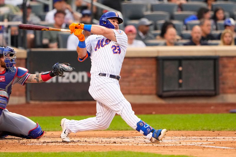 Aug 30, 2023; New York City, New York, USA;  New York Mets right fielder DJ Steward (29) hits a home run against the Texas Rangers during the second inning at Citi Field. Mandatory Credit: Gregory Fisher-USA TODAY Sports