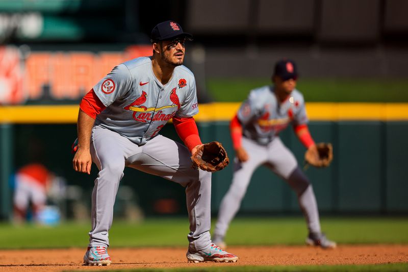 May 27, 2024; Cincinnati, Ohio, USA; St. Louis Cardinals third baseman Nolan Arenado (28) prepares for the pitch in the seventh inning against the Cincinnati Reds at Great American Ball Park. Mandatory Credit: Katie Stratman-USA TODAY Sports