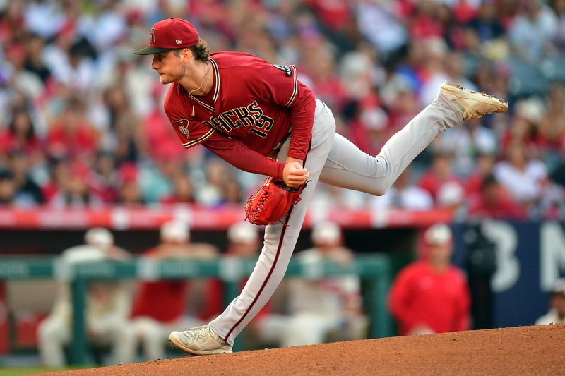 Jul 1, 2023; Anaheim, California, USA; Arizona Diamondbacks starting pitcher Ryne Nelson (19) throws against the Los Angeles Angels during the first inning at Angel Stadium. Mandatory Credit: Gary A. Vasquez-USA TODAY Sports