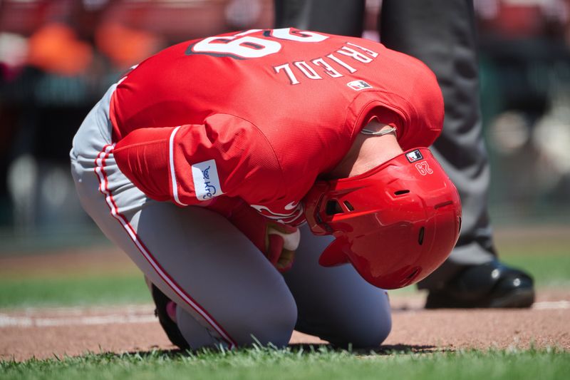 May 12, 2024; San Francisco, California, USA; Cincinnati Reds outfielder TJ Friedl (29) reacts after being hit by a pitch against the San Francisco Giants during the first inning at Oracle Park. Mandatory Credit: Robert Edwards-USA TODAY Sports