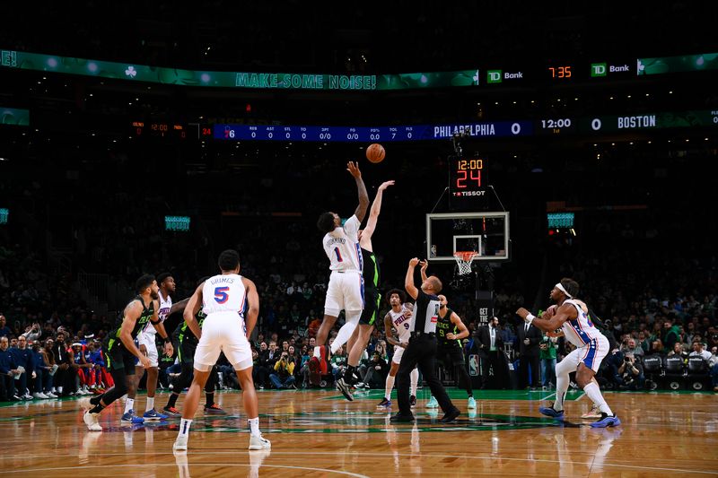 BOSTON, MA - MARCH 6: Andre Drummond #1 of the Philadelphia 76ers and Luke Kornet #40 of the Boston Celtics go up for the opening tip off on March 6, 2025 at TD Garden in Boston, Massachusetts. NOTE TO USER: User expressly acknowledges and agrees that, by downloading and/or using this Photograph, user is consenting to the terms and conditions of the Getty Images License Agreement. Mandatory Copyright Notice: Copyright 2025 NBAE (Photo by Brian Babineau/NBAE via Getty Images)