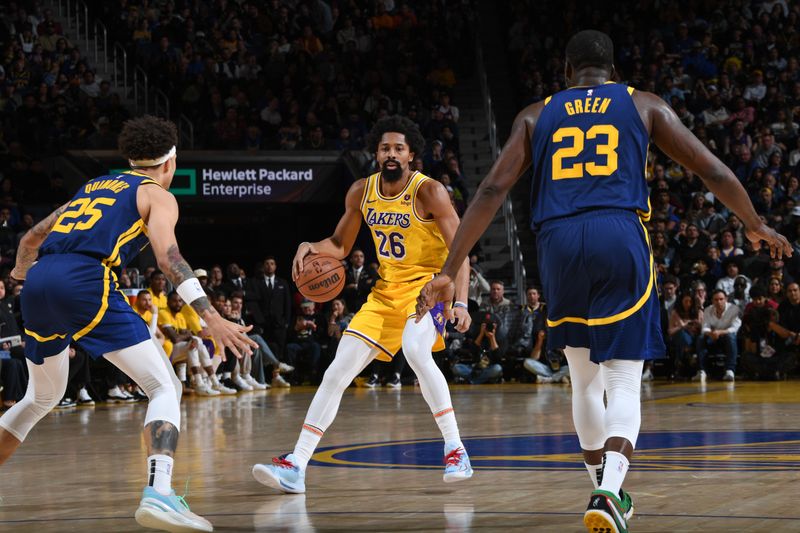 SAN FRANCISCO, CA - FEBRUARY 22:  Spencer Dinwiddie #26 of the Los Angeles Lakers handles the ball during the game  on February 22, 2024 at Chase Center in San Francisco, California. NOTE TO USER: User expressly acknowledges and agrees that, by downloading and or using this photograph, user is consenting to the terms and conditions of Getty Images License Agreement. Mandatory Copyright Notice: Copyright 2024 NBAE (Photo by Noah Graham/NBAE via Getty Images)