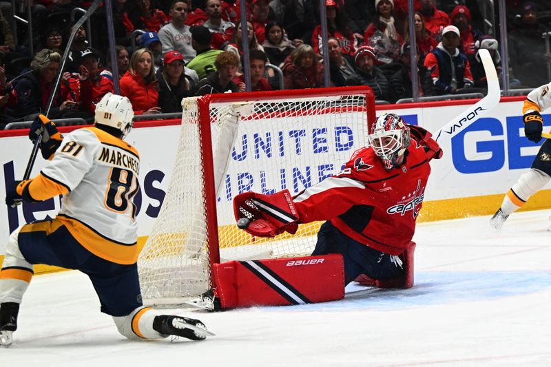 Feb 5, 2026; Washington, District of Columbia, USA; Washington Capitals goaltender Logan Thompson (48) saves the shot by Nashville Predators center Jonathan Marchessault (81) during the second period at Capital One Arena. Mandatory Credit: Brad Mills-Imagn Images