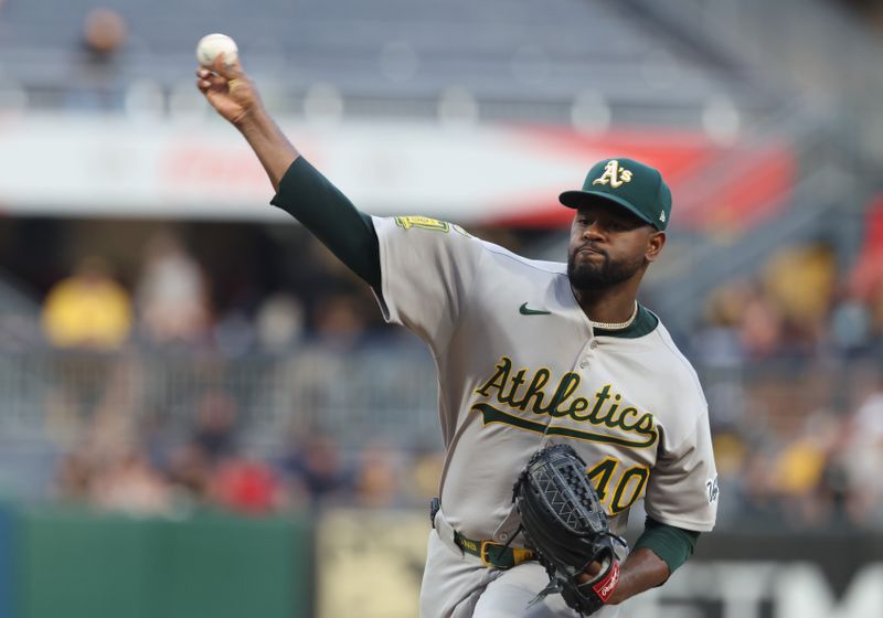 Sep 19, 2025; Pittsburgh, Pennsylvania, USA;  Athletics starting pitcher Luis Severino (40) delivers a pitch against the Pittsburgh Pirates during the first inning at PNC Park. Mandatory Credit: Charles LeClaire-Imagn Images