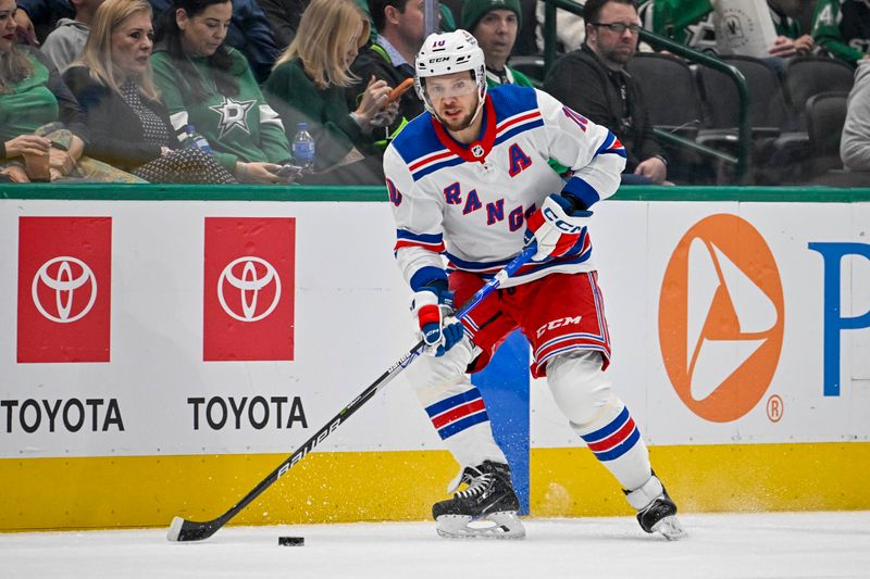 Nov 20, 2023; Dallas, Texas, USA; New York Rangers left wing Artemi Panarin (10) skates against the Dallas Stars during the first period at the American Airlines Center. Mandatory Credit: Jerome Miron-USA TODAY Sports