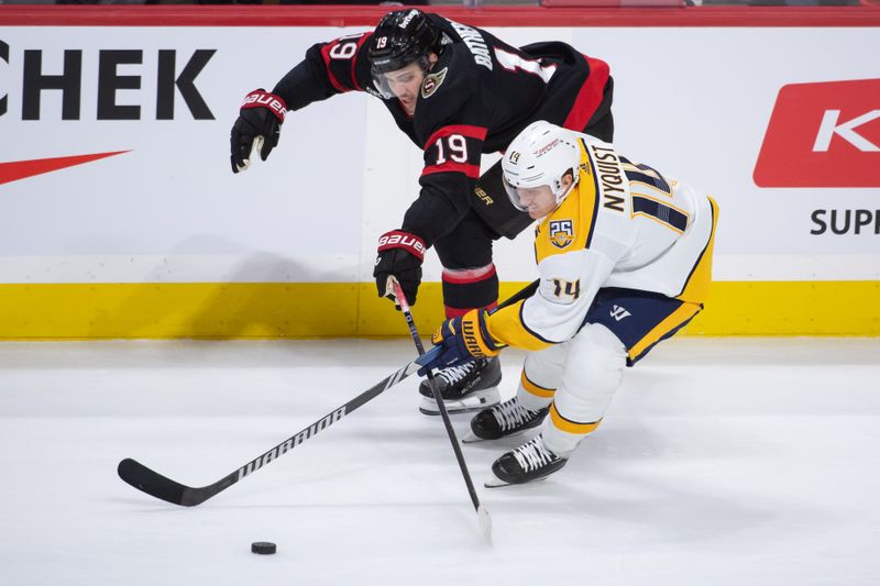 Jan 29, 2024; Ottawa, Ontario, CAN; Ottawa Senators right wing Drake Batherson (19) battles with Nashville Predators center Gustav Nyquist (14) in overtime at the Canadian Tire Centre. Mandatory Credit: Marc DesRosiers-USA TODAY Sports