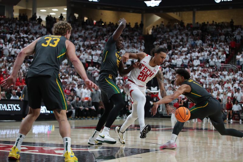 Jan 17, 2023; Lubbock, Texas, USA;  Baylor Bears guard Keyonte George (1) strips the ball from Texas Tech Red Raiders guard Jaylon Tyson (20) in the second half at United Supermarkets Arena. Mandatory Credit: Michael C. Johnson-USA TODAY Sports