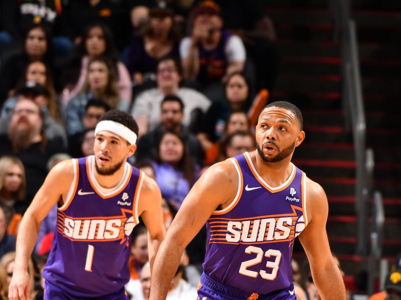 PHOENIX, AZ - FEBRUARY 13:  Eric Gordon #23 of the Phoenix Suns looks on during the game against the Sacramento Kings on February 13, 2024 at Footprint Center in Phoenix, Arizona. NOTE TO USER: User expressly acknowledges and agrees that, by downloading and or using this photograph, user is consenting to the terms and conditions of the Getty Images License Agreement. Mandatory Copyright Notice: Copyright 2024 NBAE (Photo by Barry Gossage/NBAE via Getty Images)