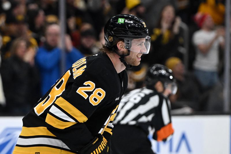 Jan 22, 2026; Boston, Massachusetts, USA; Boston Bruins center Elias Lindholm (28) reacts after scoring a goal against the Vegas Golden Knights during the first period at the TD Garden. Mandatory Credit: Brian Fluharty-Imagn Images