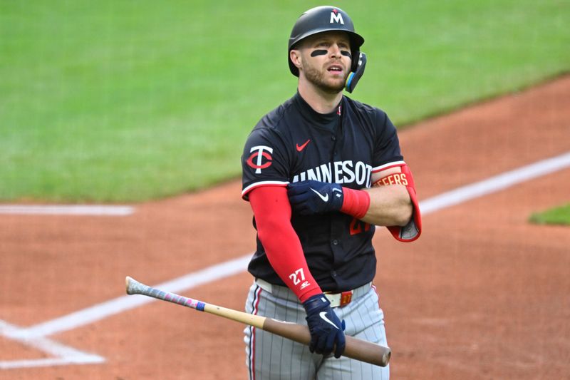 Apr 30, 2025; Cleveland, Ohio, USA; Minnesota Twins catcher Ryan Jeffers (27) reacts after striking out in the second inning against the Cleveland Guardians at Progressive Field. Mandatory Credit: David Richard-Imagn Images