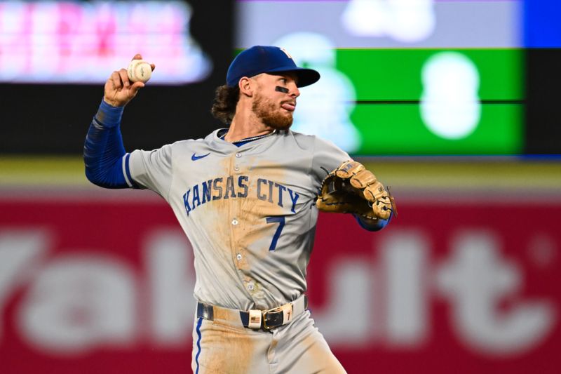 May 11, 2024; Anaheim, California, USA; Kansas City Royals shortstop Bobby Witt Jr. (7) fields the ball against the Los Angeles Angels during the fourth inning at Angel Stadium. Mandatory Credit: Jonathan Hui-USA TODAY Sports