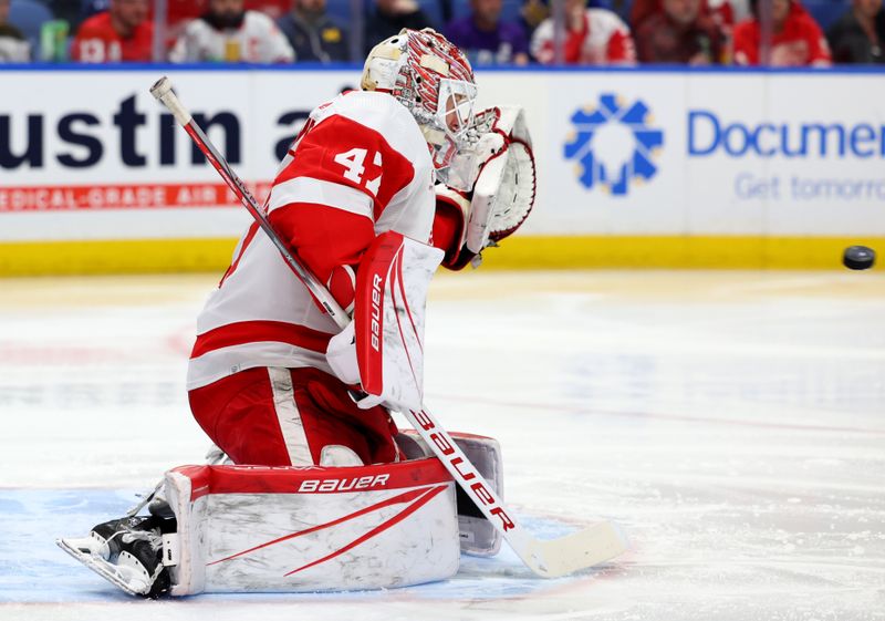 Mar 12, 2024; Buffalo, New York, USA;  Detroit Red Wings goaltender James Reimer (47) looks to make a glove save during the second period against the Buffalo Sabres at KeyBank Center. Mandatory Credit: Timothy T. Ludwig-USA TODAY Sports