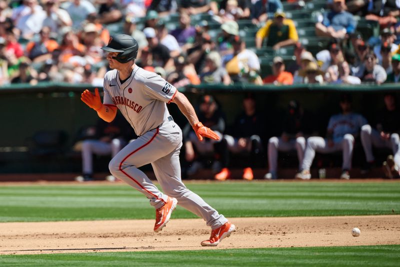 Aug 18, 2024; Oakland, California, USA; San Francisco Giants infielder Matt Chapman (26) runs to second base against the Oakland Athletics during the fifth inning at Oakland-Alameda County Coliseum. Mandatory Credit: Robert Edwards-USA TODAY Sports