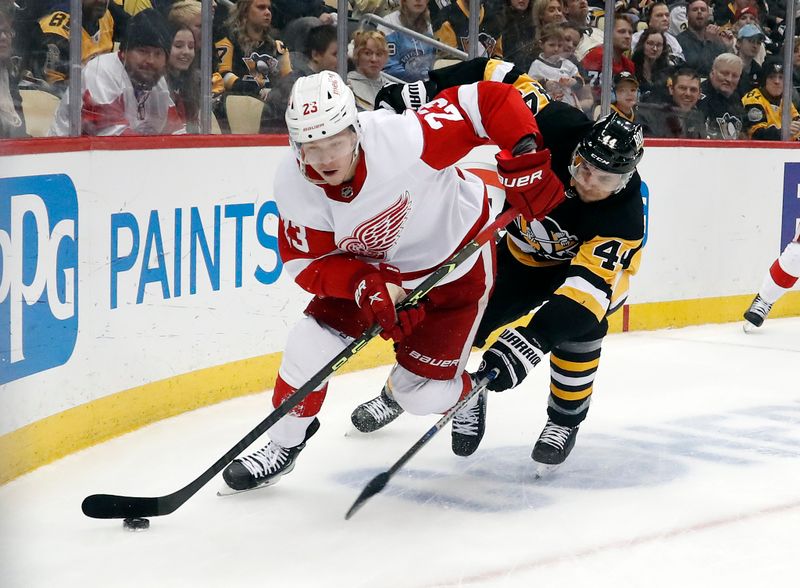 Dec 28, 2022; Pittsburgh, Pennsylvania, USA;  Detroit Red Wings left wing Lucas Raymond (23) skates with the puck against Pittsburgh Penguins defenseman Jan Rutta (44) during the third period at PPG Paints Arena. Detroit won 5-4 in overtime. Mandatory Credit: Charles LeClaire-USA TODAY Sports