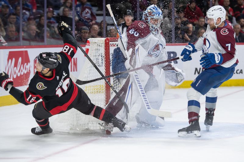 Jan 16, 2024; Ottawa, Ontario, CAN; Colorado Avalanche goalie Justus Annunen (60) makes a save on a shot from Ottawa Senators center Tim Stutzle (18) ) in the first period at the Canadian Tire Centre. Mandatory Credit: Marc DesRosiers-USA TODAY Sports