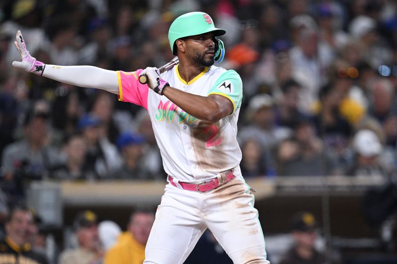 Jul 7, 2023; San Diego, California, USA; San Diego Padres shortstop Xander Bogaerts (2) requests time during an at-bat in the sixth inning against the New York Mets at Petco Park. Mandatory Credit: Orlando Ramirez-USA TODAY Sports