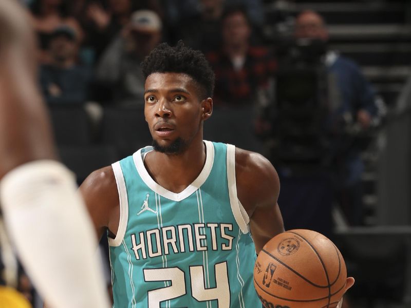 CHARLOTTE, NC - NOVEMBER 8:  Brandon Miller #24 of the Charlotte Hornets dribbles the ball during the game against the Indiana Pacers on November 8, 2024 at Spectrum Center in Charlotte, North Carolina. NOTE TO USER: User expressly acknowledges and agrees that, by downloading and or using this photograph, User is consenting to the terms and conditions of the Getty Images License Agreement. Mandatory Copyright Notice: Copyright 2024 NBAE (Photo by Kent Smith/NBAE via Getty Images)