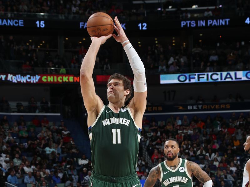 NEW ORLEANS, LA - MARCH 28: Brook Lopez #11 of the Milwaukee Bucks shoots a free throw during the game on March 28, 2024 at the Smoothie King Center in New Orleans, Louisiana. NOTE TO USER: User expressly acknowledges and agrees that, by downloading and or using this Photograph, user is consenting to the terms and conditions of the Getty Images License Agreement. Mandatory Copyright Notice: Copyright 2024 NBAE (Photo by Layne Murdoch Jr./NBAE via Getty Images)