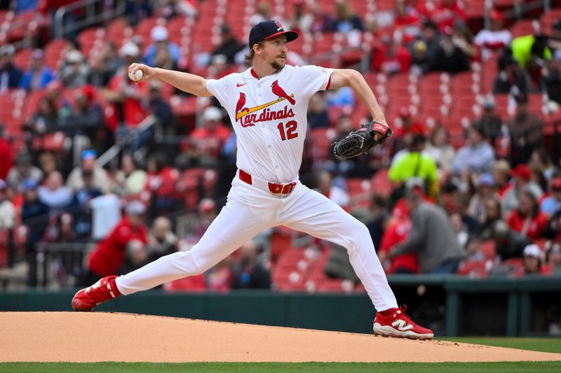 Apr 27, 2025; St. Louis, Missouri, USA;  St. Louis Cardinals starting pitcher Erick Fedde (12) pitches against the Milwaukee Brewers during the first inning at Busch Stadium. Mandatory Credit: Jeff Curry-Imagn Images