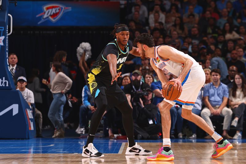 OKLAHOMA CITY, OK - MARCH 12: Myles Turner #33 of the Indiana Pacers plays defense during the game against the Oklahoma City Thunder on March 12, 2024 at Paycom Arena in Oklahoma City, Oklahoma. NOTE TO USER: User expressly acknowledges and agrees that, by downloading and or using this photograph, User is consenting to the terms and conditions of the Getty Images License Agreement. Mandatory Copyright Notice: Copyright 2024 NBAE (Photo by Zach Beeker/NBAE via Getty Images)