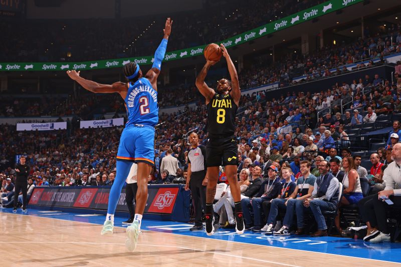 OKLAHOMA CITY, OK - MARCH 20: Brice Sensabaugh #8 of the Utah Jazz shoots the ball during the game against the Oklahoma City Thunder on March 20, 2024 at Paycom Arena in Oklahoma City, Oklahoma. NOTE TO USER: User expressly acknowledges and agrees that, by downloading and or using this photograph, User is consenting to the terms and conditions of the Getty Images License Agreement. Mandatory Copyright Notice: Copyright 2024 NBAE (Photo by Zach Beeker/NBAE via Getty Images)