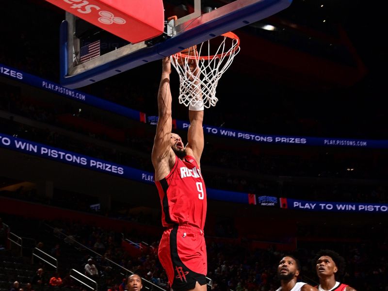 DETROIT, MI - NOVEMBER 10: Dillon Brooks #9 of the Houston Rockets dunks the ball during the game against the Detroit Pistons on November 10, 2024 at Little Caesars Arena in Detroit, Michigan. NOTE TO USER: User expressly acknowledges and agrees that, by downloading and/or using this photograph, User is consenting to the terms and conditions of the Getty Images License Agreement. Mandatory Copyright Notice: Copyright 2024 NBAE (Photo by Chris Schwegler/NBAE via Getty Images)