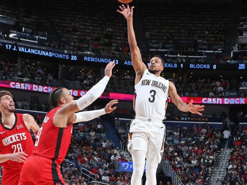 NEW ORLEANS, LA - FEBRUARY 22: CJ McCollum #3 of the New Orleans Pelicans shoots the ball during the game against the Houston Rockets on February 22, 2024 at the Smoothie King Center in New Orleans, Louisiana. NOTE TO USER: User expressly acknowledges and agrees that, by downloading and or using this Photograph, user is consenting to the terms and conditions of the Getty Images License Agreement. Mandatory Copyright Notice: Copyright 2024 NBAE (Photo by Layne Murdoch Jr./NBAE via Getty Images)