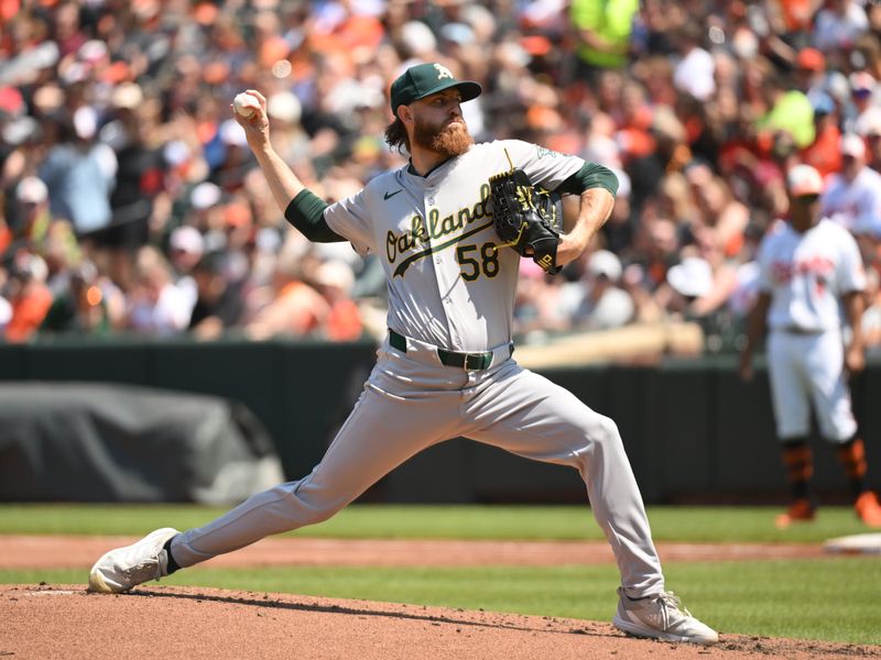 Apr 28, 2024; Baltimore, Maryland, USA;  Oakland Athletics starting pitcher Paul Blackburn (58) delivers a pitch during the second inning against the Baltimore Orioles at Oriole Park at Camden Yards. Mandatory Credit: James A. Pittman-USA TODAY Sports