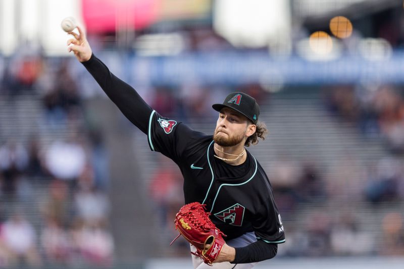 Sep 3, 2024; San Francisco, California, USA;  Arizona Diamondbacks starting pitcher Ryne Nelson (19) throws against the San Francisco Giants during the first inning at Oracle Park. Mandatory Credit: John Hefti-Imagn Images