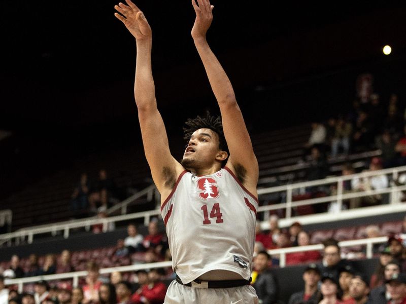 Jan 19, 2023; Stanford, California, USA; Stanford Cardinal forward Spencer Jones (14) shoots a 3-point basket against the Oregon State Beavers during the first half at Maples Pavilion. Mandatory Credit: D. Ross Cameron-USA TODAY Sports