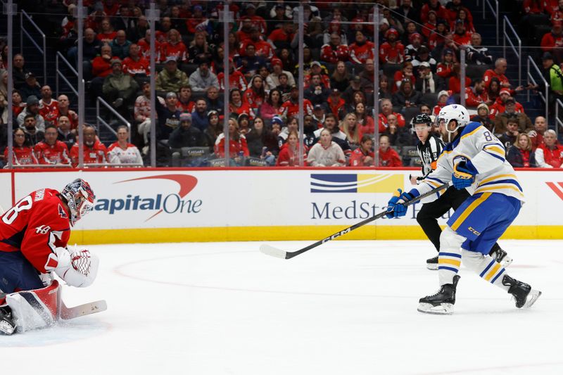 Dec 14, 2024; Washington, District of Columbia, USA; Washington Capitals goaltender Logan Thompson (48) makes a save on Buffalo Sabres right wing Alex Tuch (89) in the second period at Capital One Arena. Mandatory Credit: Geoff Burke-Imagn Images