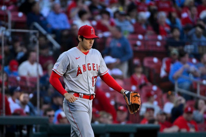 May 3, 2023; St. Louis, Missouri, USA;  Los Angeles Angels starting pitcher Shohei Ohtani (17) walks on the field during the first inning against the St. Louis Cardinals at Busch Stadium. Mandatory Credit: Jeff Curry-USA TODAY Sports