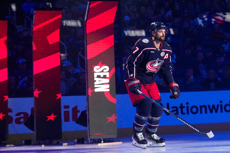 Oct 17, 2024; Columbus, Ohio, USA; Columbus Blue Jackets center Sean Kuraly (7) is introduced before the game against the Buffalo Sabres at Nationwide Arena on Thursday. Mandatory Credit: Samantha Madar/USA TODAY Network via Imagn Images