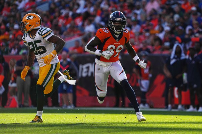 Denver Broncos wide receiver Brandon Johnson (89) against the Green Bay Packers of an NFL football game Sunday October 22, 2023, in Denver. (AP Photo/Bart Young)