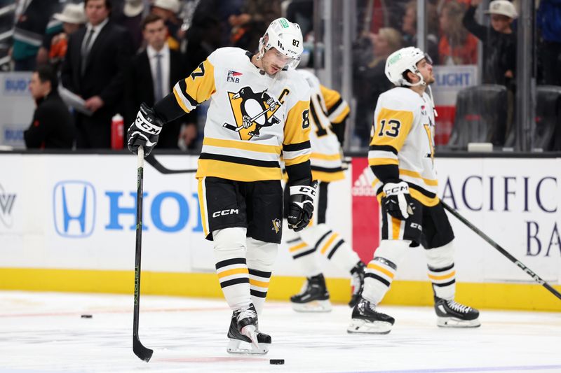 Nov 7, 2023; Anaheim, California, USA; Pittsburgh Penguins center Sidney Crosby (87) warms up before the game against the Anaheim Ducks at Honda Center. Mandatory Credit: Kiyoshi Mio-USA TODAY Sports