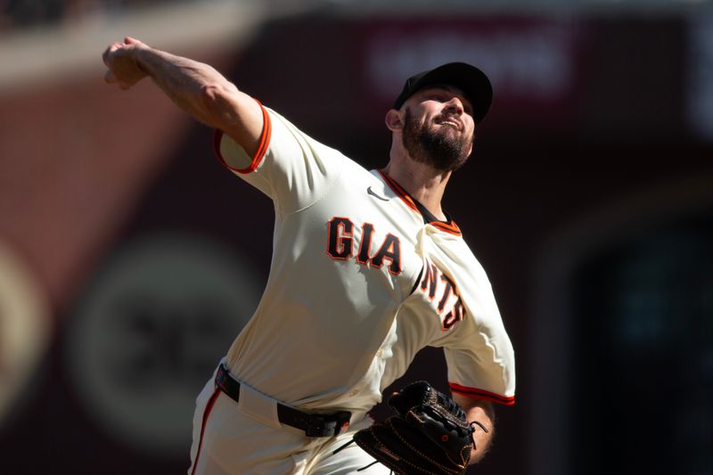 Sep 27, 2025; San Francisco, California, USA; San Francisco Giants pitcher Tristan Beck (43) delivers a pitch against the Colorado Rockies during the eighth inning at Oracle Park. Mandatory Credit: D. Ross Cameron-Imagn Images