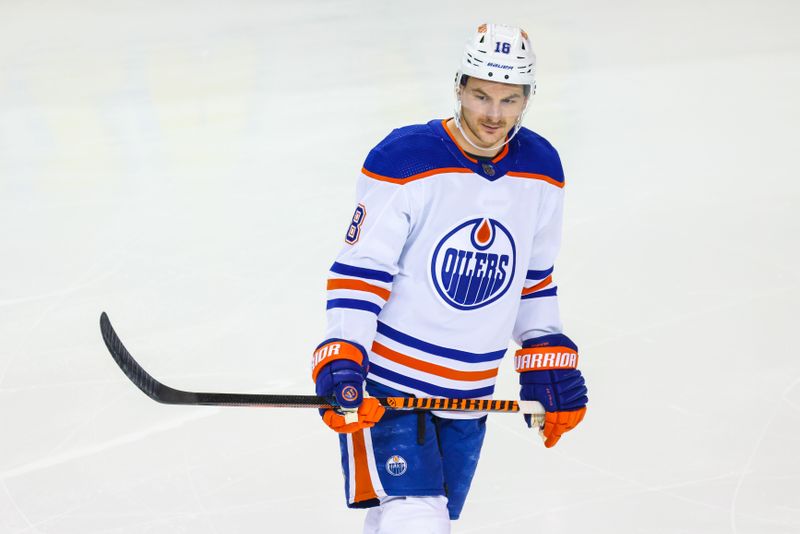 Apr 6, 2024; Calgary, Alberta, CAN; Edmonton Oilers left wing Zach Hyman (18) skates during the first period against the Calgary Flames at Scotiabank Saddledome. Mandatory Credit: Sergei Belski-USA TODAY Sports