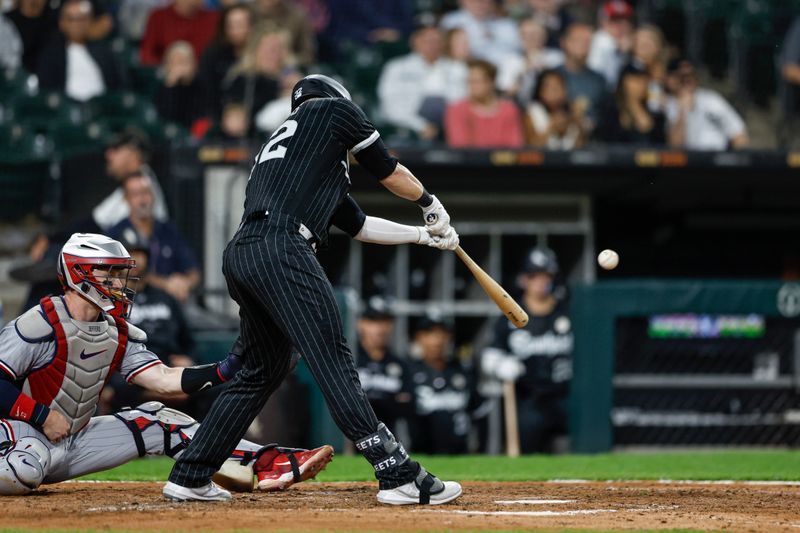 Sep 15, 2023; Chicago, Illinois, USA; Chicago White Sox right fielder Gavin Sheets (32) singles against the Minnesota Twins during the fifth inning at Guaranteed Rate Field. Mandatory Credit: Kamil Krzaczynski-USA TODAY Sports