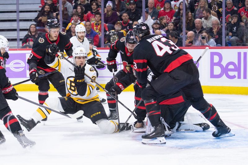 Nov 13, 2025; Ottawa, Ontario, CAN; Ottawa Senators goalie Leevi Merilainen (1) makes a save in front of Boston Bruins center Alex Steeves (21) in the second period at the Canadian Tire Centre. Mandatory Credit: Marc DesRosiers-IMAGN Images