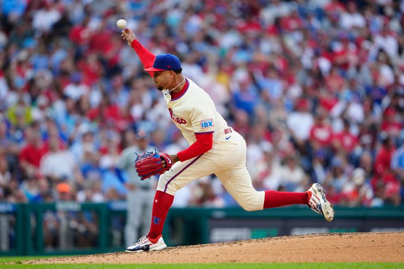 Sep 14, 2024; Philadelphia, Pennsylvania, USA; Philadelphia Phillies pitcher Taijuan Walker (99) delivers a pitch against the New York Mets during the sixth inning at Citizens Bank Park. Mandatory Credit: Gregory Fisher-Imagn Images