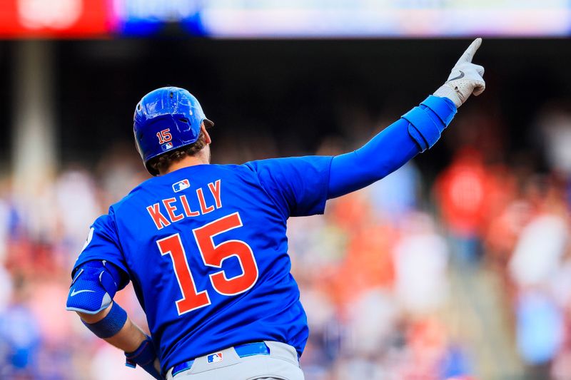 May 24, 2025; Cincinnati, Ohio, USA; Chicago Cubs catcher Carson Kelly (15) reacts after hitting a solo home run in the ninth inning against the Cincinnati Reds at Great American Ball Park. Mandatory Credit: Katie Stratman-Imagn Images