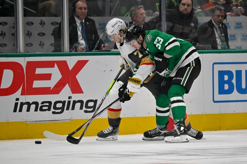 Apr 24, 2024; Dallas, Texas, USA; Vegas Golden Knights center William Karlsson (71) and Dallas Stars center Wyatt Johnston (53) battle for control of the puck during the third period in game two of the first round of the 2024 Stanley Cup Playoffs at American Airlines Center. Mandatory Credit: Jerome Miron-USA TODAY Sports