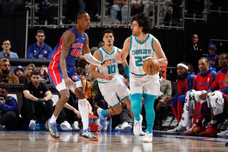 DETROIT, MI - JANUARY 03:  Vasilije Micic #22 of the Charlotte Hornets  handles the ball during the game against the Detroit Pistons on January 03, 2025 at Little Caesars Arena in Detroit, Michigan. NOTE TO USER: User expressly acknowledges and agrees that, by downloading and/or using this photograph, User is consenting to the terms and conditions of the Getty Images License Agreement. Mandatory Copyright Notice: Copyright 2025 NBAE (Photo by Brian Sevald/NBAE via Getty Images)