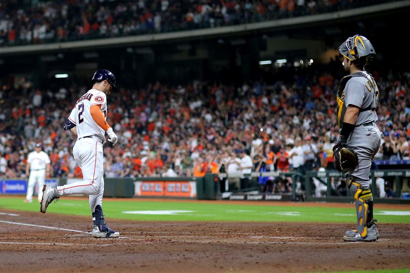 Sep 13, 2023; Houston, Texas, USA; Houston Astros third baseman Alex Bregman (2) crosses home plate after hitting a home run to left field against the Oakland Athletics during the third inning at Minute Maid Park. Mandatory Credit: Erik Williams-USA TODAY Sports