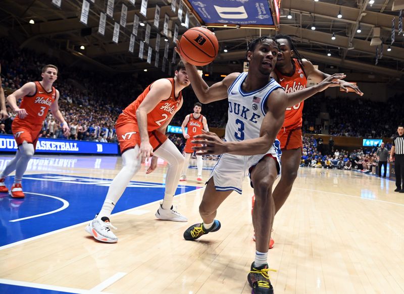 Feb 25, 2023; Durham, North Carolina, USA;  Duke Blue Devils guard Jeremy Roach (3) grabs a loose ball in front of Virginia Tech Hokies forward Justyn Mutts (25) during the second half at Cameron Indoor Stadium. The Blue Devils won 81-65. Mandatory Credit: Rob Kinnan-USA TODAY Sports