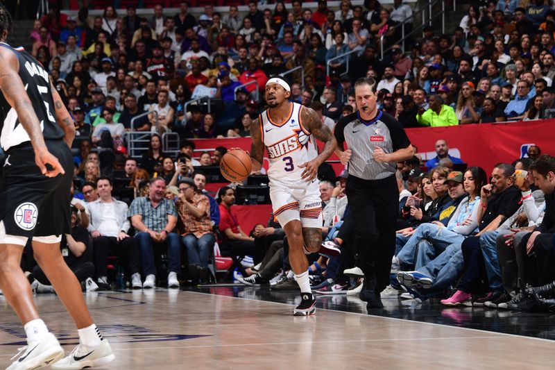 LOS ANGELES, CA - APRIL 10: Bradley Beal #3 of the Phoenix Suns dribbles the ball during the game against the LA Clippers on April 10, 2024 at Crypto.Com Arena in Los Angeles, California. NOTE TO USER: User expressly acknowledges and agrees that, by downloading and/or using this Photograph, user is consenting to the terms and conditions of the Getty Images License Agreement. Mandatory Copyright Notice: Copyright 2024 NBAE (Photo by Adam Pantozzi/NBAE via Getty Images)