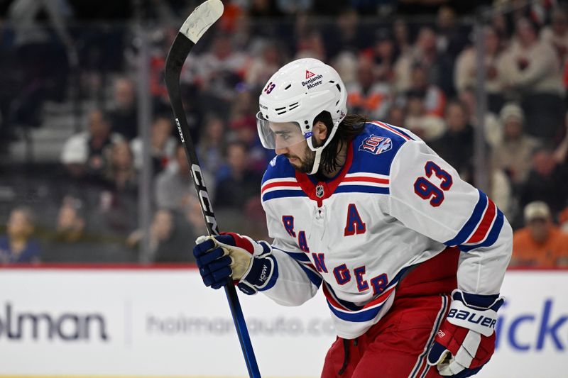 Mar 9, 2026; Philadelphia, Pennsylvania, USA; New York Rangers center Mika Zibanejad (93) skates back to the bench after scoring a goal against the Philadelphia Flyers during the second period at Xfinity Mobile Arena. Mandatory Credit: Eric Hartline-Imagn Images