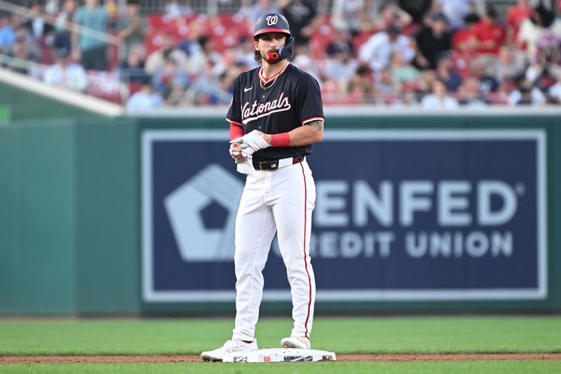 Aug 27, 2024; Washington, District of Columbia, USA; Washington Nationals center fielder Dylan Crews (3) stands on second base after his first career hit against the New York Yankees during the second inning at Nationals Park. Mandatory Credit: Rafael Suanes-USA TODAY Sports