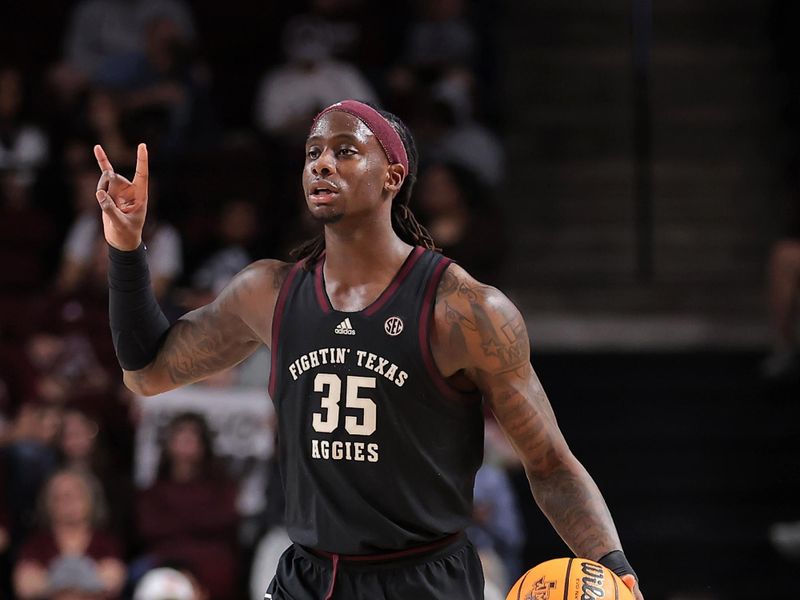 Dec 22, 2023; College Station, Texas, USA; Texas A&M Aggies guard Manny Obaseki (35) calls a play while handling the ball against the Houston Christian Huskies during the first half at Reed Arena. Mandatory Credit: Erik Williams-USA TODAY Sports