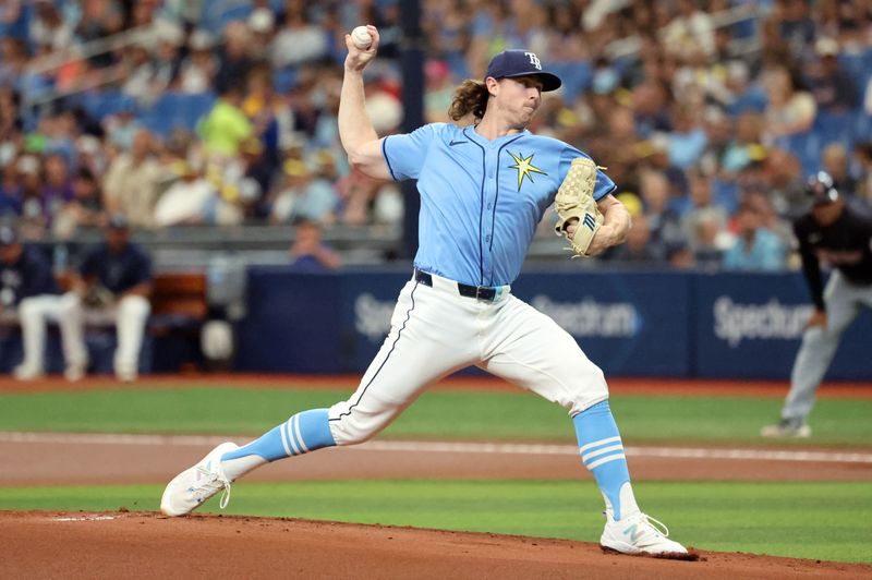 Jul 14, 2024; St. Petersburg, Florida, USA;  Tampa Bay Rays pitcher Ryan Pepiot (44) throws a pitch against the Cleveland Guardians during the first inning at Tropicana Field. Mandatory Credit: Kim Klement Neitzel-USA TODAY Sports